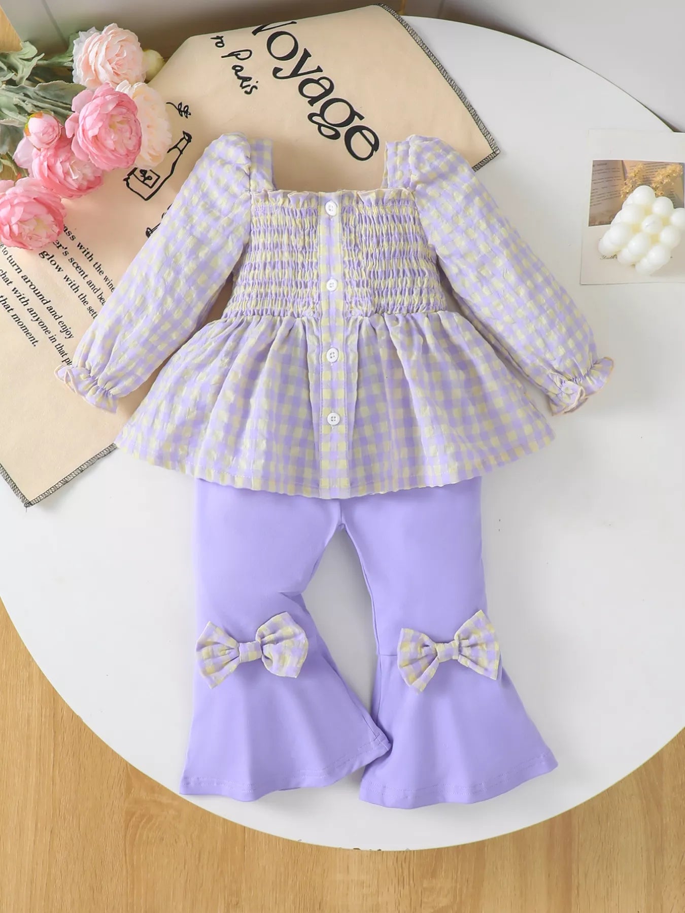 Children's Gingham Smocked Top and Bow Pants Set - FamilyClothes