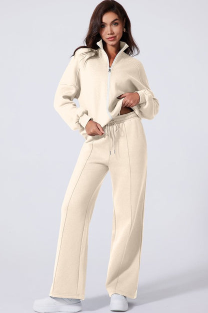 Solid Zip-Up Jacket and Drawstring Pants Set - FamilyClothes