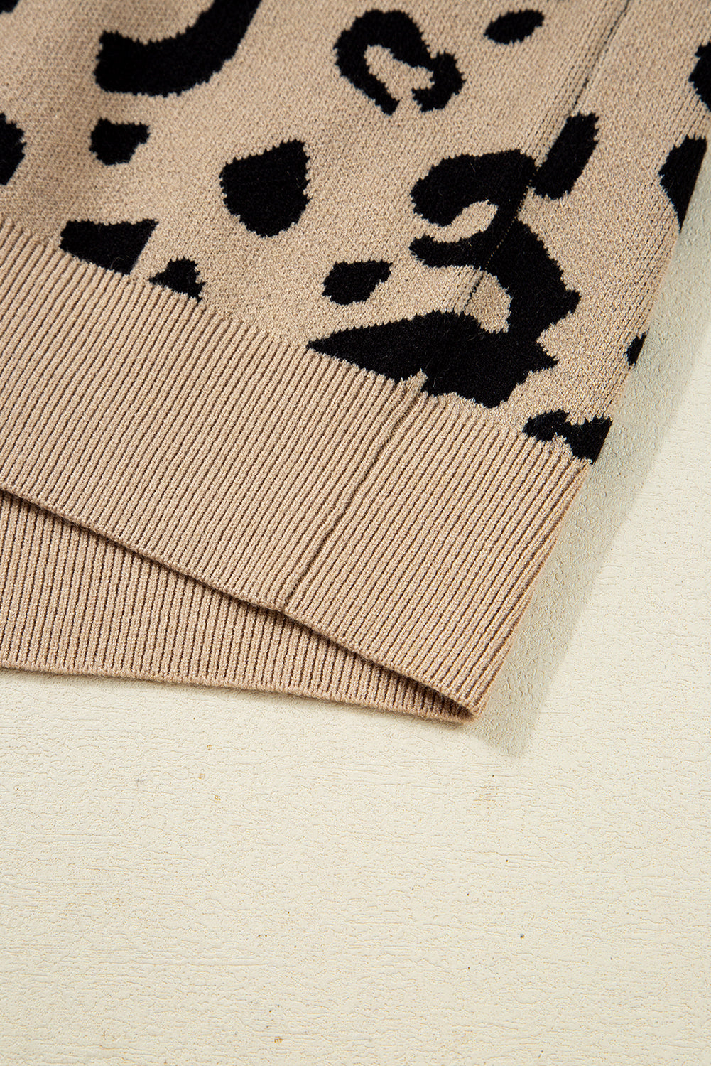 Brown Leopard Pattern Lace Trim Ribbed Detail Button Cuffed Sweater - FamilyClothes