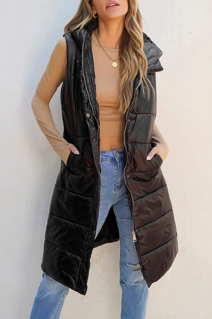 Solid Quilted Long Hooded Vest Coat - FamilyClothes