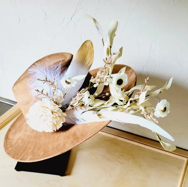 Boho Western Wedding Floral Feather Bridal Hat Tan - FamilyClothes