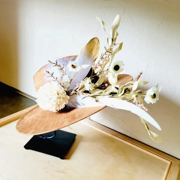 Boho Western Wedding Floral Feather Bridal Hat Tan - FamilyClothes