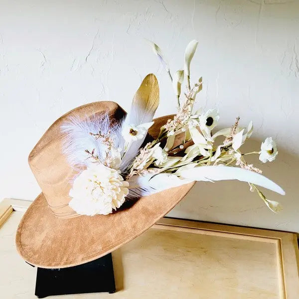 Boho Western Wedding Floral Feather Bridal Hat Tan - FamilyClothes