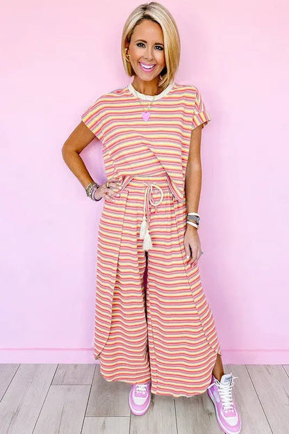 Women Tee Tasseled String Wide Leg Pants Set - FamilyClothes