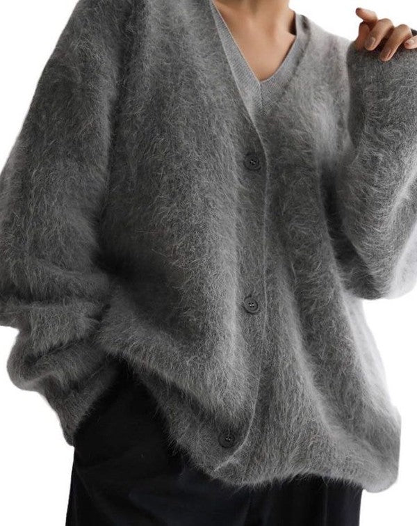 Fuzzy Oversized Cardigan with Button Front - FamilyClothes