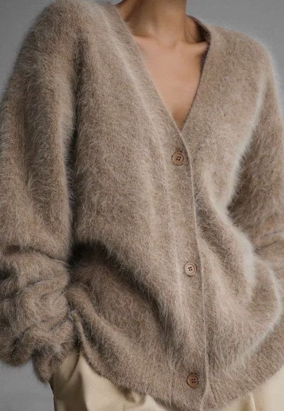 Fuzzy Oversized Cardigan with Button Front - FamilyClothes