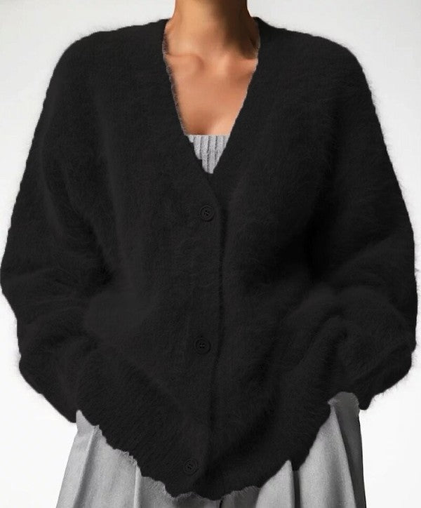 Fuzzy Oversized Cardigan with Button Front - FamilyClothes