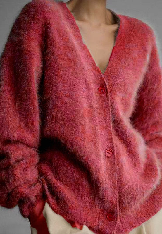 Fuzzy Oversized Cardigan with Button Front - FamilyClothes