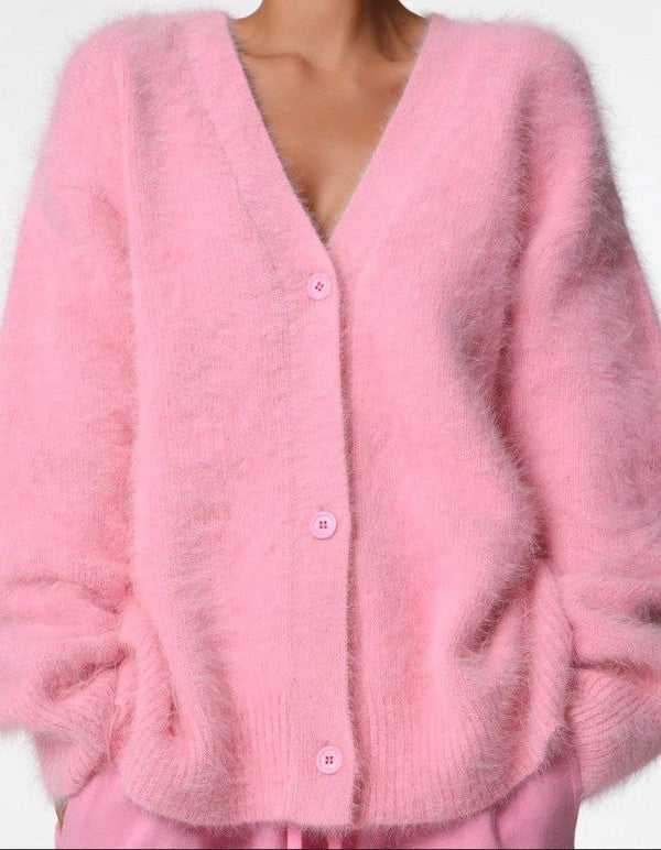Fuzzy Oversized Cardigan with Button Front - FamilyClothes