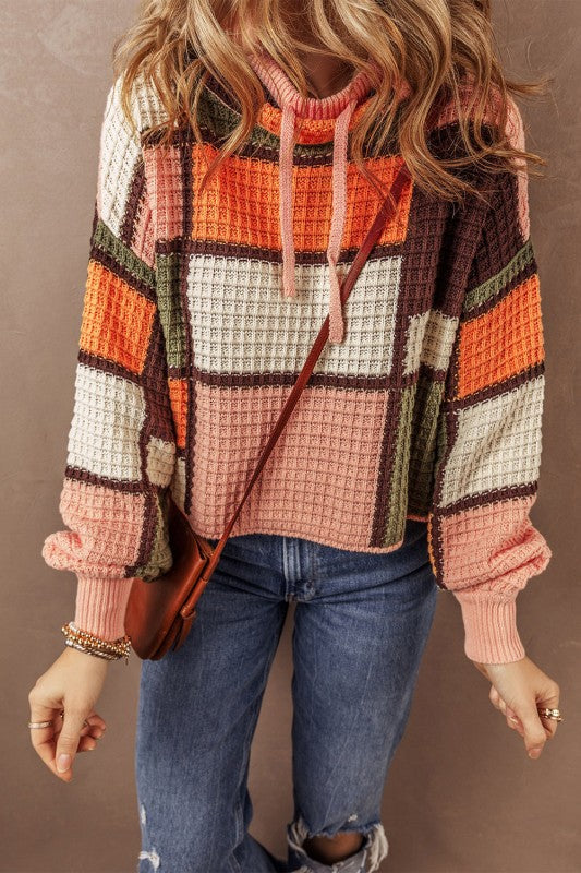 Colorblock Waffle Knit Sweater with Drawstring Mock Neck - FamilyClothes