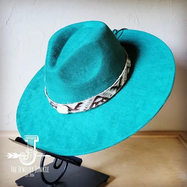 Gold Aztec Turquoise Leather Hat with Turquoise Slab Band - FamilyClothes