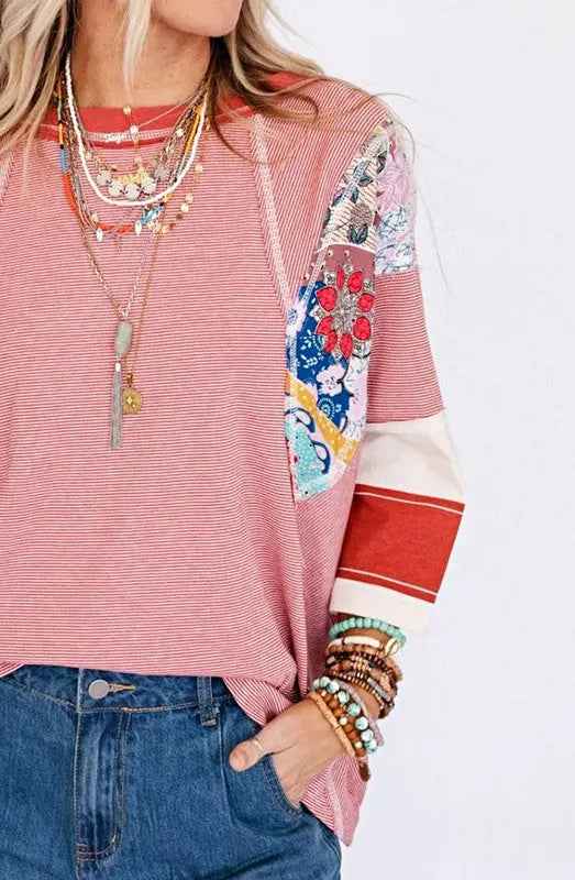 Color Block Floral Tunic Top - Stripe Dolman Style for Effortless Elegance - FamilyClothes