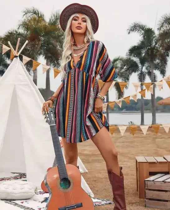 Striped v neck mini dress - FamilyClothes