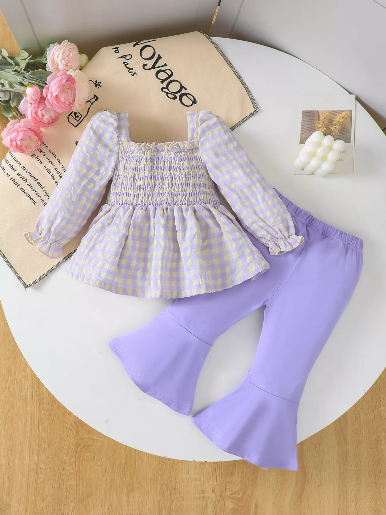Children's Gingham Smocked Top and Bow Pants Set - FamilyClothes