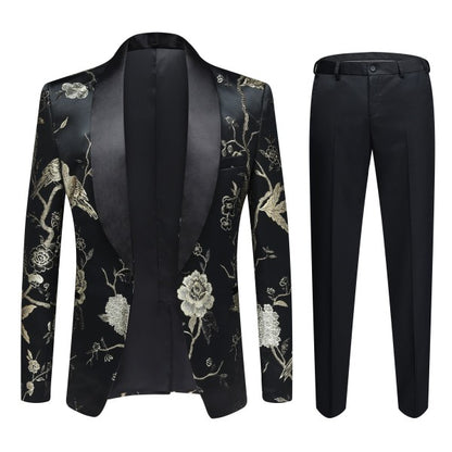 Men's 2 Piece 1 Button Floral Embroidered Suit - FamilyClothes