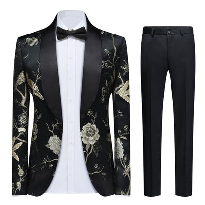 Men's 2 Piece 1 Button Floral Embroidered Suit - FamilyClothes