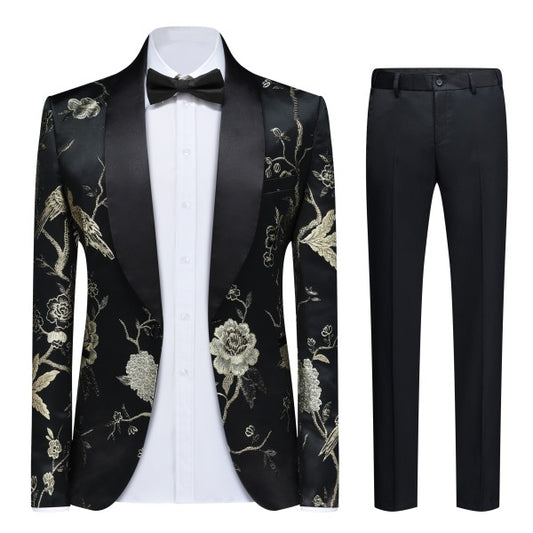 Men's 2 Piece 1 Button Floral Embroidered Suit - FamilyClothes