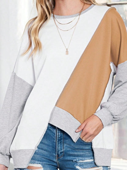 Cotton Stitching Irregular Hem Block  Pullover - FamilyClothes