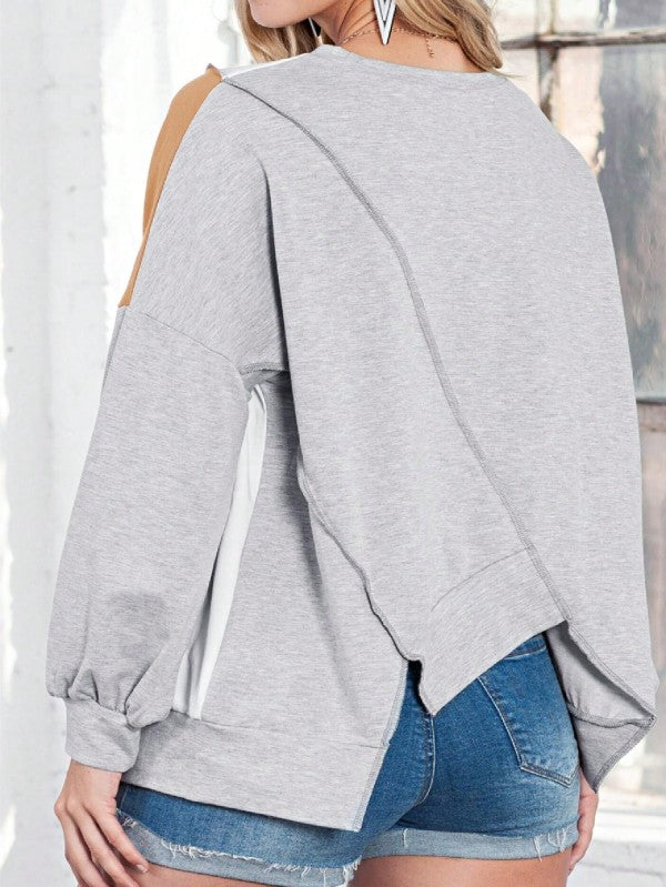 Cotton Stitching Irregular Hem Block  Pullover - FamilyClothes
