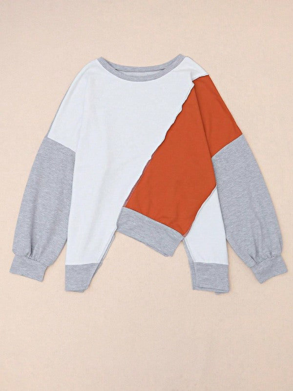Cotton Stitching Irregular Hem Block  Pullover - FamilyClothes