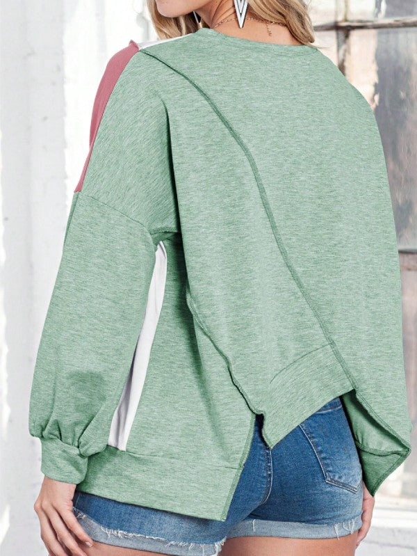 Cotton Stitching Irregular Hem Block  Pullover - FamilyClothes