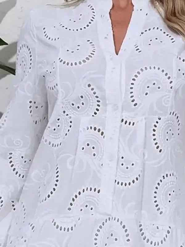 Cotton Embroidered Tiered Dress with Hollow Design and Button Details - FamilyClothes