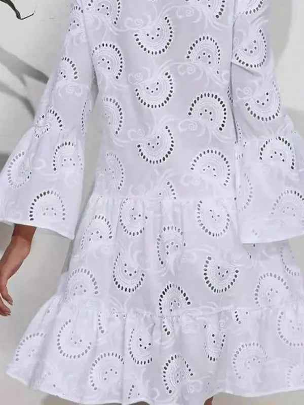Cotton Embroidered Tiered Dress with Hollow Design and Button Details - FamilyClothes