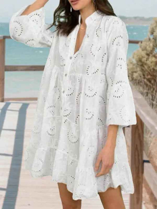 Cotton Embroidered Tiered Dress with Hollow Design and Button Details - FamilyClothes