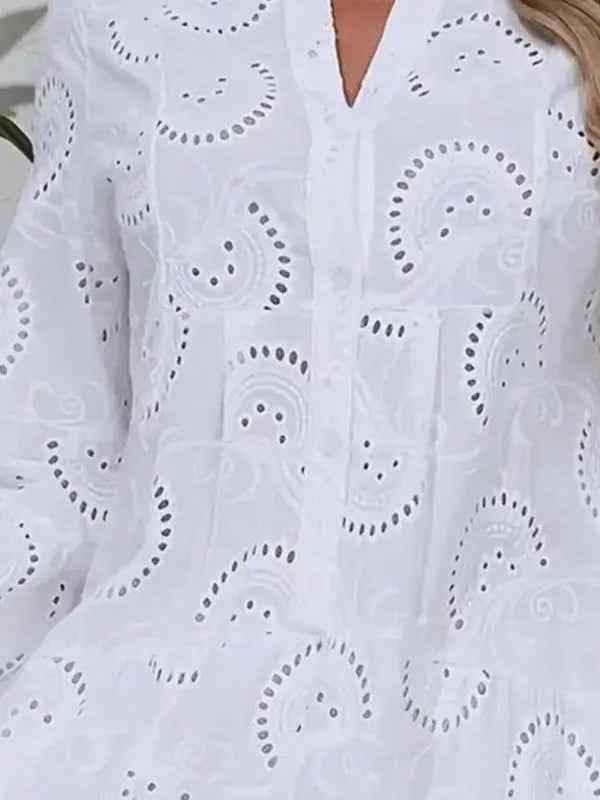 Cotton Embroidered Tiered Dress with Hollow Design and Button Details - FamilyClothes