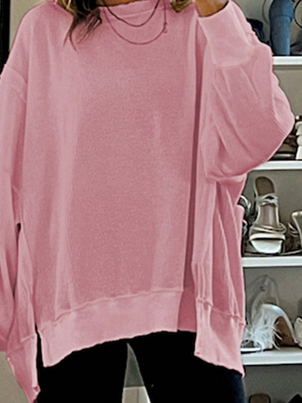 Cotton Waffle Bishop Split Oversized Pullover - FamilyClothes