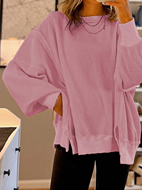 Cotton Waffle Bishop Split Oversized Pullover - FamilyClothes