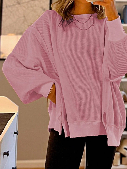 Cotton Waffle Bishop Split Oversized Pullover - FamilyClothes