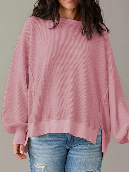 Cotton Waffle Bishop Split Oversized Pullover - FamilyClothes