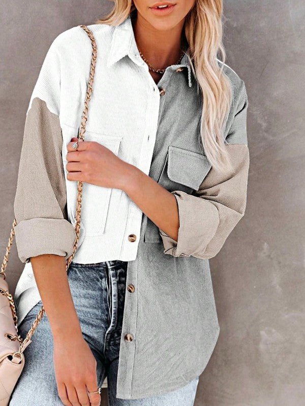 Corduroy Boho Patch Button Shirt Shacket - FamilyClothes