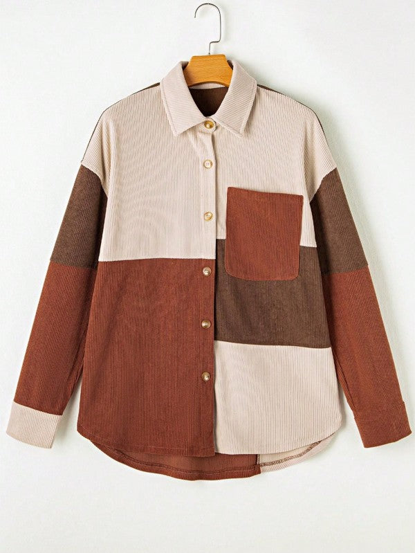 Corduroy Boho Patch Button Shirt Shacket - FamilyClothes
