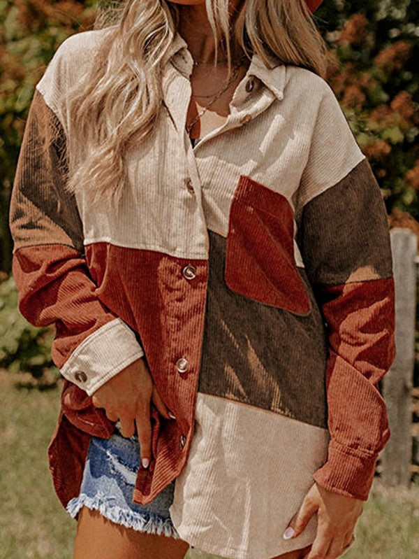 Corduroy Boho Patch Button Shirt Shacket - FamilyClothes