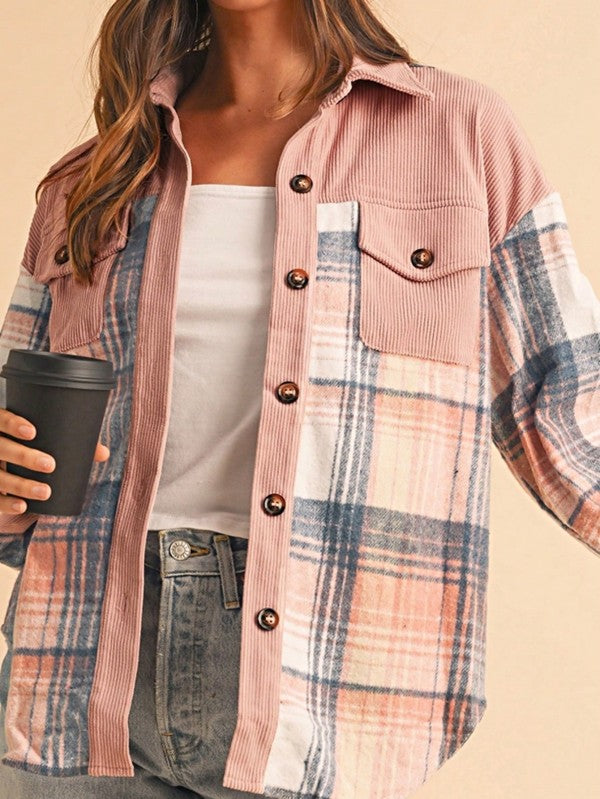 Plaid Corduroy Shacket Shirt with Patch Pockets for a Relaxed Fit - FamilyClothes