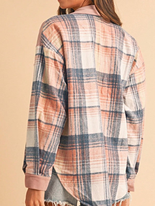 Plaid Corduroy Shacket Shirt with Patch Pockets for a Relaxed Fit - FamilyClothes