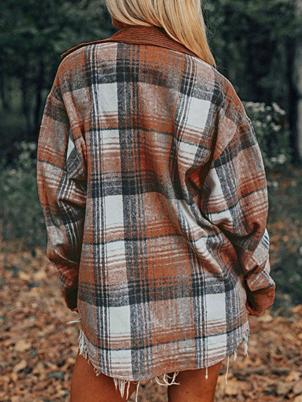 Plaid Corduroy Shacket Shirt with Patch Pockets for a Relaxed Fit - FamilyClothes