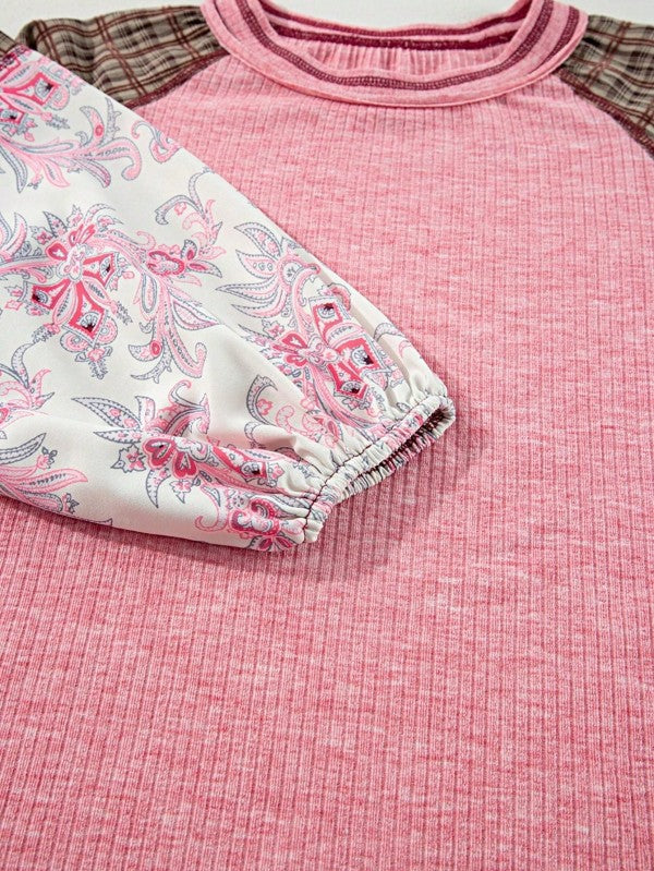 Viscose Plaid Floral Patchwork Raglan Ribbed Top - FamilyClothes