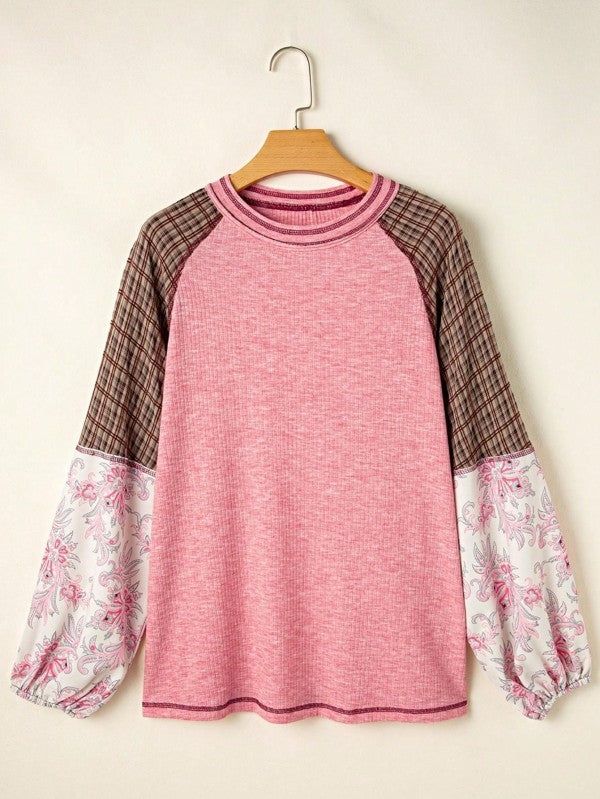 Viscose Plaid Floral Patchwork Raglan Ribbed Top - FamilyClothes