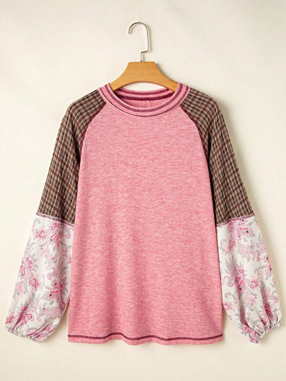 Viscose Plaid Floral Patchwork Raglan Ribbed Top - FamilyClothes
