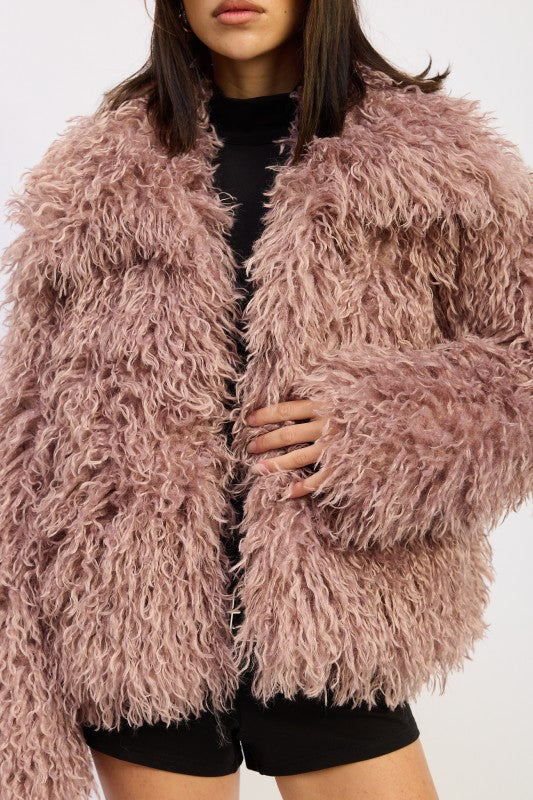 SHAGGY FAUR FUR COAT WITH COLLAR - FamilyClothes