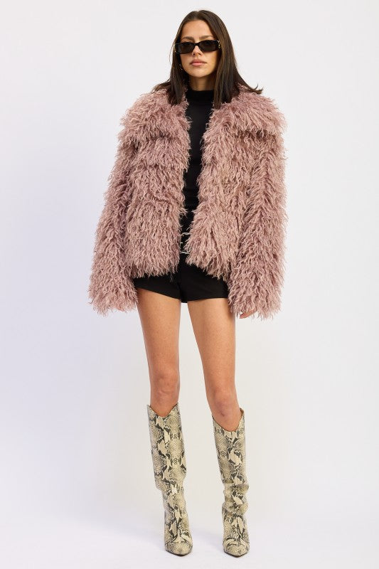 SHAGGY FAUR FUR COAT WITH COLLAR - FamilyClothes