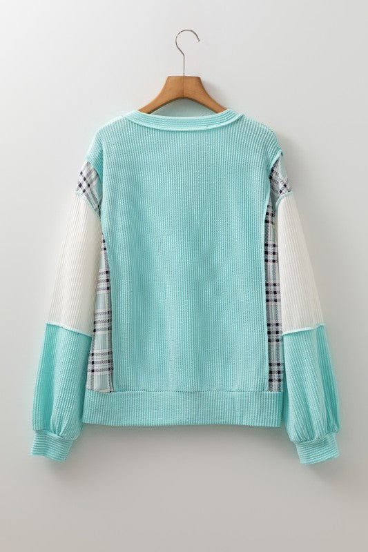 Viscose Corded Texture Plaid Patchwork Split Top - FamilyClothes