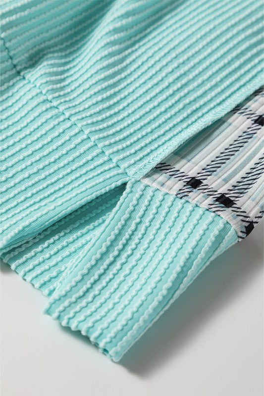 Viscose Corded Texture Plaid Patchwork Split Top - FamilyClothes