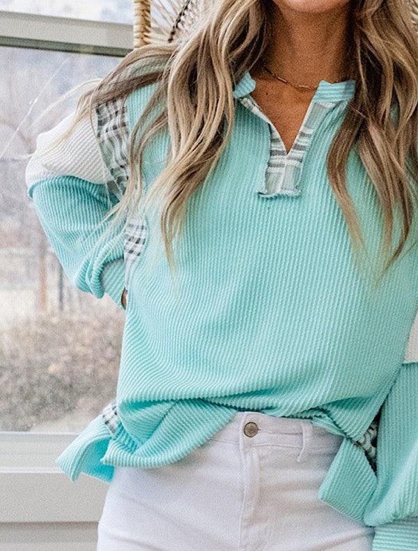 Viscose Corded Texture Plaid Patchwork Split Top - FamilyClothes