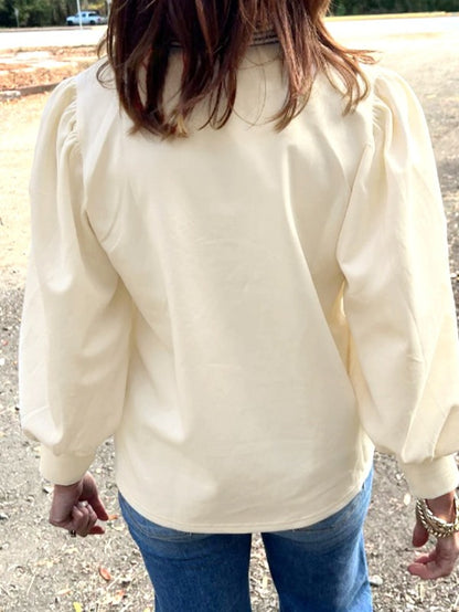 Cotton Striped Collar Puff Sleeve Sweatshirt - FamilyClothes