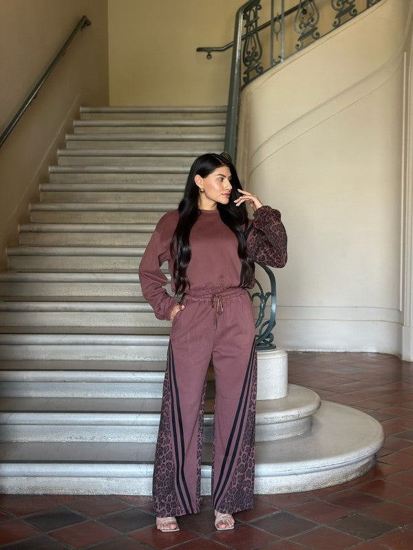 Leopard Print & Solid Stripes Contrast Loungewear - FamilyClothes