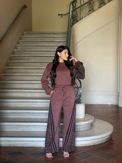 Leopard Print & Solid Stripes Contrast Loungewear - FamilyClothes